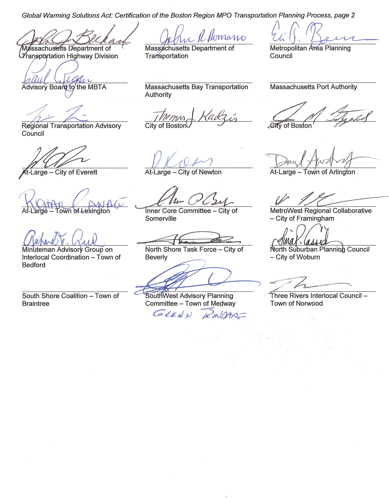 Global Warming Solution Act
These pages list the eleven requirements of State Regulation 310 CMR 60.05: Global Warming Solutions Act to be conducted by Metropolitan Planning Organizations (MPOs), and certifies that the Boston Region MPO complies with these requirements. The certification of State Regulation 310 CMR 60.05: Global Warming Solutions Act is signed by the members of the Boston Region MPO members, with the exception of: Massachusetts Bay Transportation Authority; Massachusetts Port Authority; and South Shore Coalition – Town of Braintree.